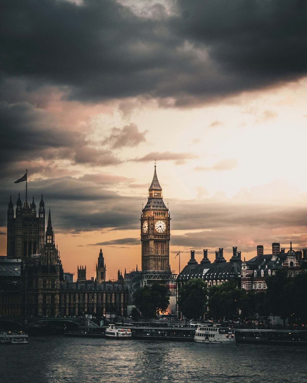 Westminster and the Houses of Parliament at dusk